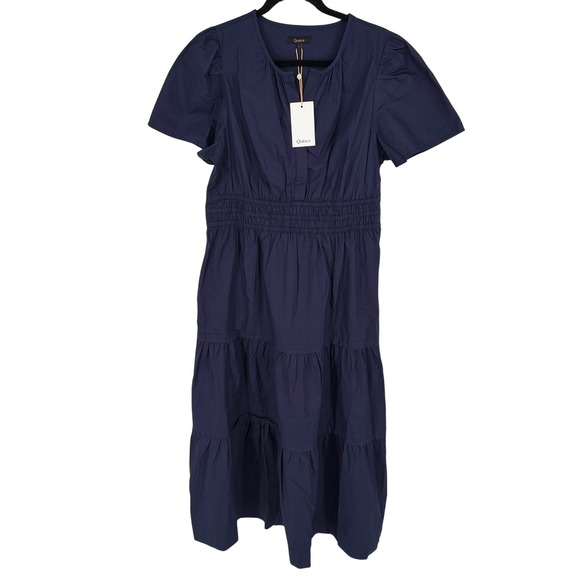 Quince 100% Organic Cotton Poplin Tiered Maxi Dress Women's L Navy Smocked Boho - Picture 2 of 14